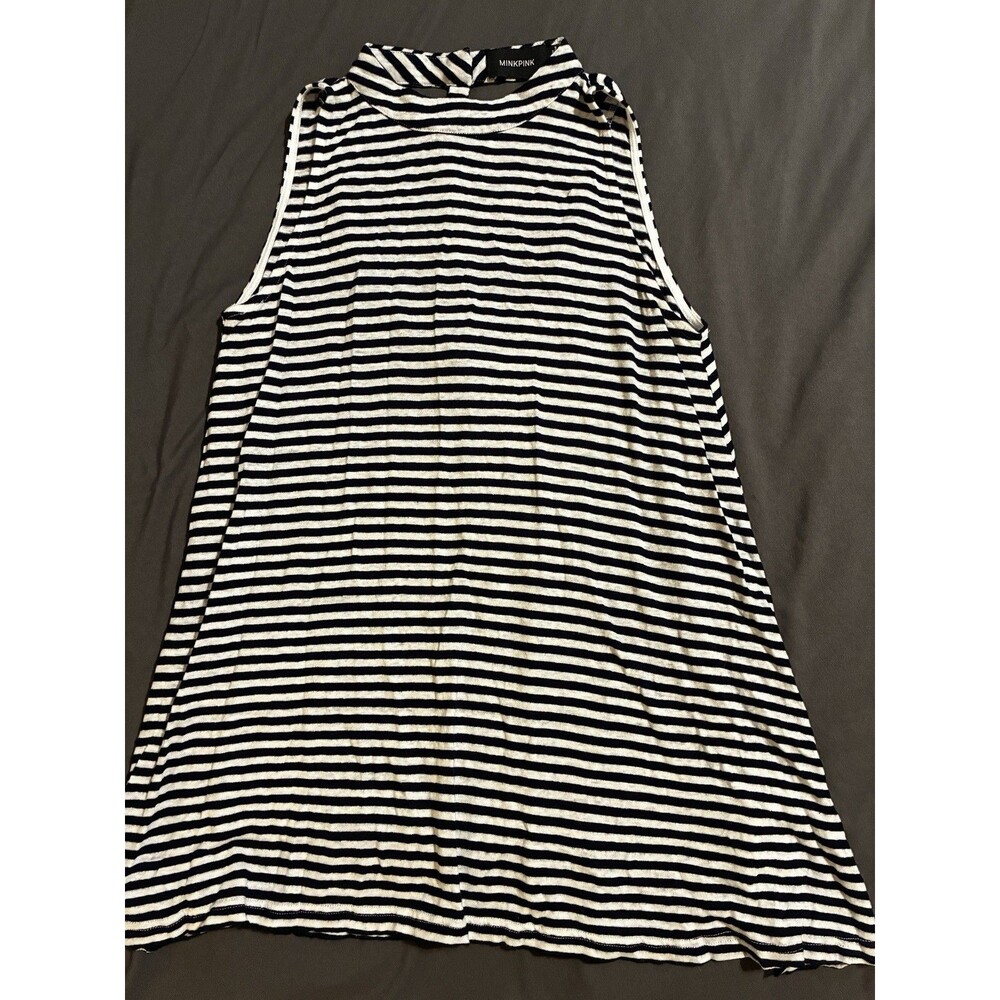 Minkpink Womens Sz Med Navy Striped Semi Sheer Mock Neck Back Cutout Swing Dress